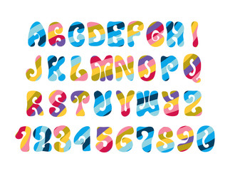 Psychedelic font with colorful pattern. Vintage hippie alphabet.