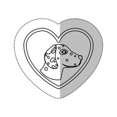 monochrome contour with middle shadow sticker with dalmatian dog inside of heart vector illustration