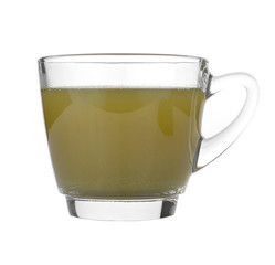 Cup with green tea and green leaves.