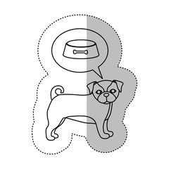 monochrome contour with middle shadow sticker with french bulldog thinkin food bowl vector illustration