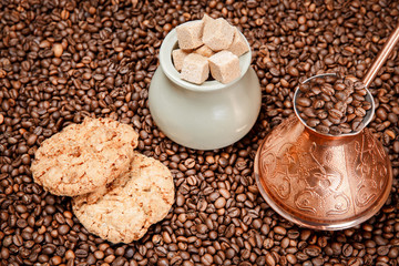 Coffee for Breakfast. Coffee beans in the background.