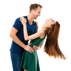 Fototapeta premium Full body of young happy hugging couple, on white