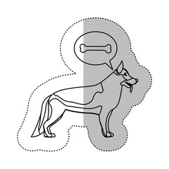 monochrome contour middle shadow sticker with german shepherd dog thinkin bone vector illustration