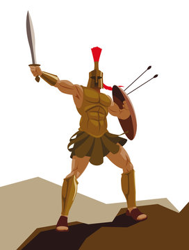 Angry Spartan Warrior With Armor And Hoplite Shield Holding A Sw