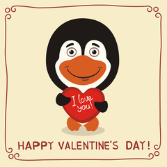 Happy Valentine's Day! I Love You! Funny penguin with heart in hands. Valentines day card with penguin in cartoon style.