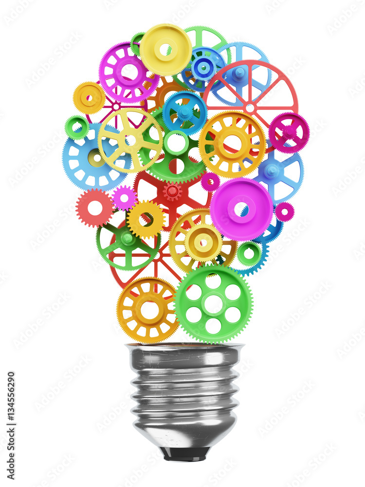 Wall mural mechanism of the gears in the form of an electric lamp bulb. ide