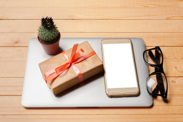 Office desk table with computer, supplies