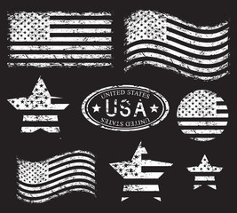 USA American grunge flag set, isolated on black background, vector illustration.