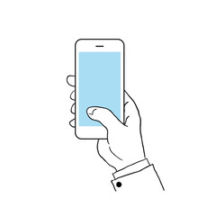 Hand holding smartphone. Hand draw vector illustration.