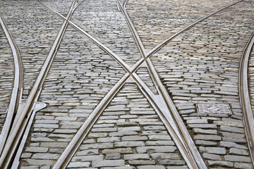 Tram Tracks on Cobble Stone Street
