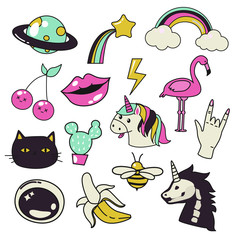 Trendy hand draw patch badges, stickers set