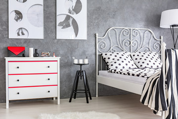 Grey, red and white bedroom