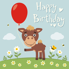 Happy birthday! Funny camel with red balloon on flower meadow. Birthday card with camel in cartoon style.