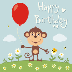 Happy birthday! Funny monkey with red balloon on flower meadow. Birthday card with monkey in cartoon style.