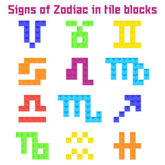 Set of flat icons from colored pieces with signs of Zodiac isolated on white background. Colorful block symbols of zodiac horoscope in flat style. Vector illustration