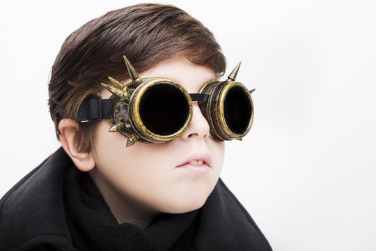 Portrait Of A Handsome Boy Closeup Steampunk On White Background