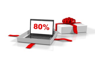 Laptop in a gift box with 80 percent of the image on the screen white background, 3d render