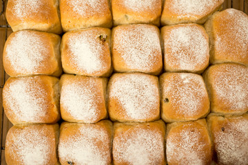 Overhead of Freshly-Baked Bread Buns for Backgrounds