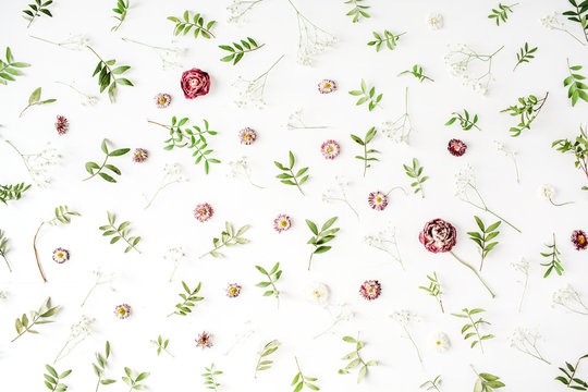 Floral texture. Pink roses and green leaves on white background. Flat lay, top view