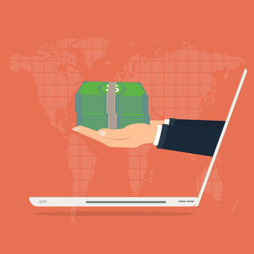 Business man hand with money from laptop computer for paying on world map background. Vector illustration business concept design.