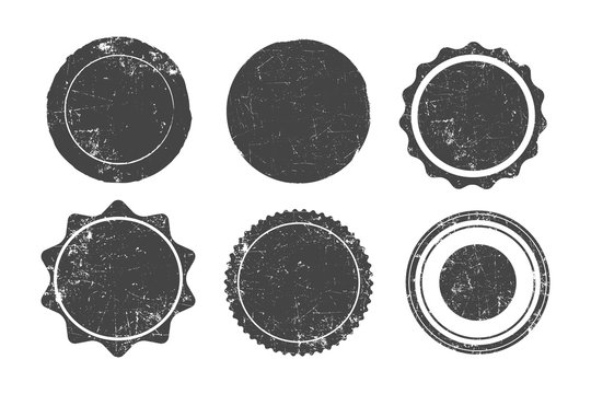Set of six round grunge stamps, badges and banners, vector illustration.