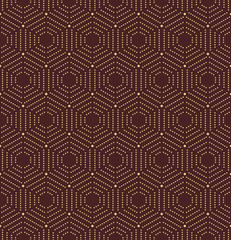 Geometric repeating vector ornament with hexagonal golden dotted elements. Geometric modern ornament. Seamless abstract modern pattern