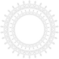 Oriental vector light silevr round frame with arabesques and floral elements. Floral fine border with vintage pattern. Greeting card with place for text