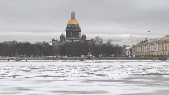 Neva river and St Isaac's Cathedral at winter. St. Petersburg, Russia