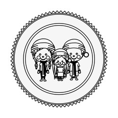 monochrome contour circle with children with christmas clothes vector illustration