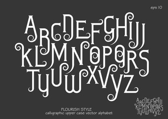 Vector alphabet set. Capital letters with decorative flourishes in the Art Nouveau style. White letters on black background. - 134563455