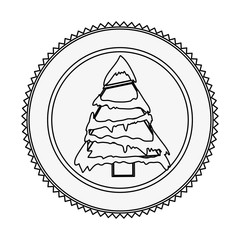monochrome contour circle with christmas tree with snow vector illustration