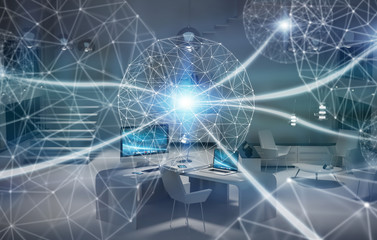 Workplace with modern devices and hologram screens 3D rendering