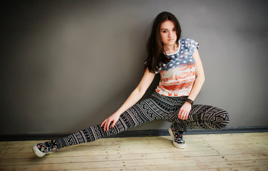 Street dancer girl wearing casual clothes on footless background