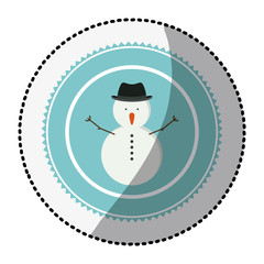 color circle with middle shadow sticker with snowman with hat vector illustration