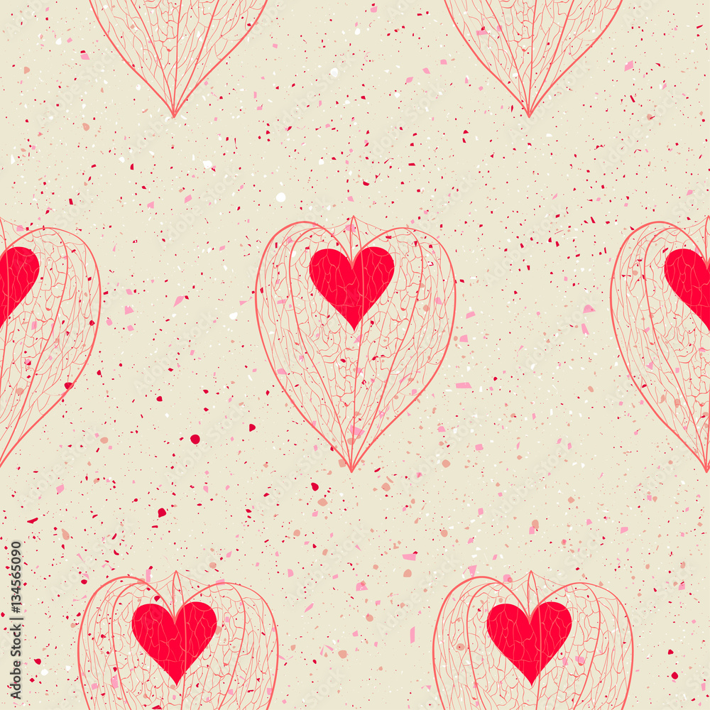 Poster seamless pattern of the linear plant structure with red heart inside on white background with splash