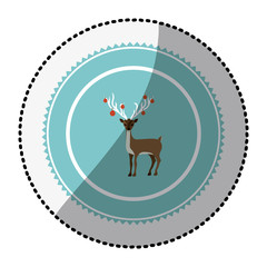 color circle with middle shadow sticker with reindeer with garlands in horns vector illustration