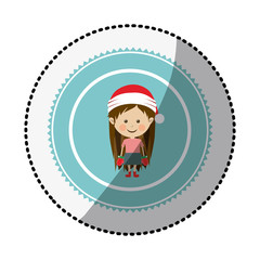 color circle with middle shadow sticker with girl with christmas clothes vector illustration