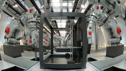 Robotic Arm Assembling 3d Printer On Conveyor Belt 3d illustration