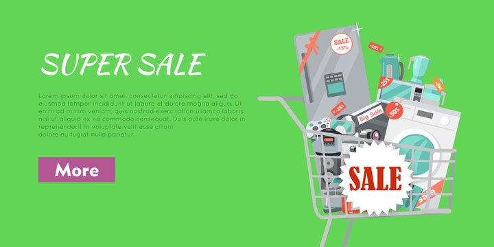 Super Sale Banner. Household Appliances in Trolley