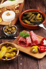 Italian antipasti wine snacks set. Cheese variety, Mediterranean