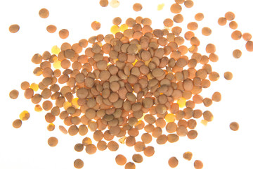 Heap of lentils seen from above isolated on a white background
