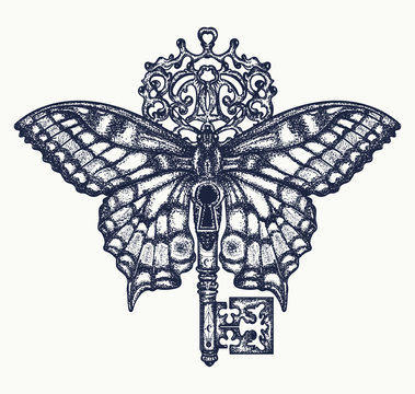 Butterfly and key tattoo art. Mystical symbol of freedom