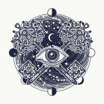 All seeing eye tattoo occult art, masonic symbol and key