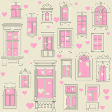 Seamless vector festive pattern of different old windows and hearts inside and outside. Concept for Valentine's Day 14 February. White background, black outline, pink elements.