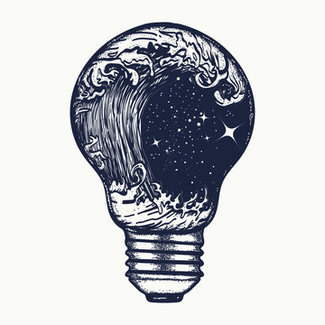 Storm in a light bulb tattoo. Symbol of adventures boho style