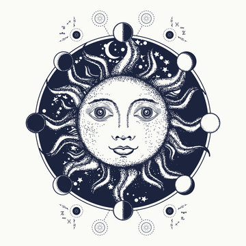 Sun tattoo art. Moon phases. Medieval alchemical symbol