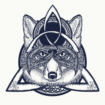 Fox viking in the celtic style, tattoo art. Fox t-shirt design