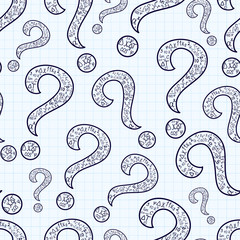 Math vector seamless pattern with question signs made of formulas, handwritten on grid copybook paper