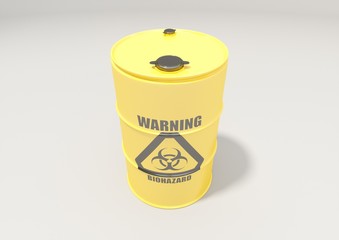 Yellow metal barrel with black biohazard warning sign isolated on white background