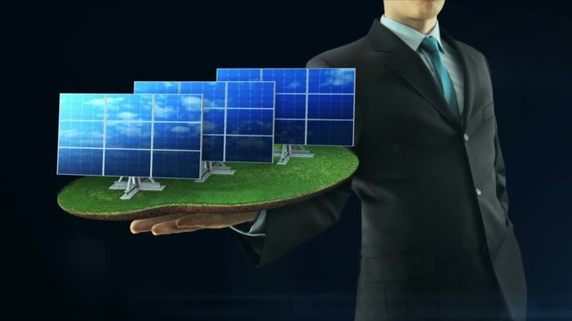 Business man has on hand green energy concept build animation solar panel black